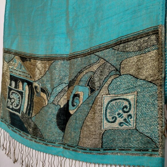 Cashmere Scarf Woven Turquoise Blue Black Metallic Gold Design Fringe Artsy Wrap - Picture 6 of 16